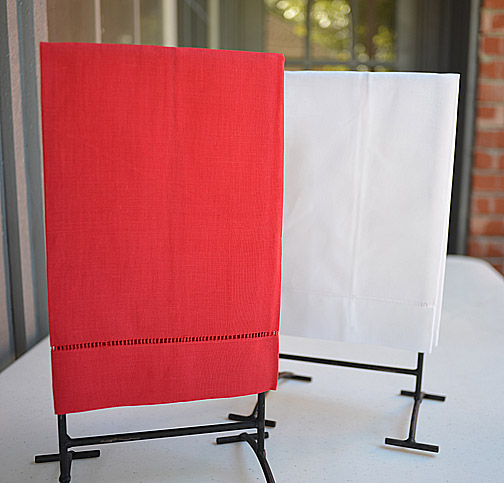 red guest towel, white guest towel, hand towel, hemstitch towel